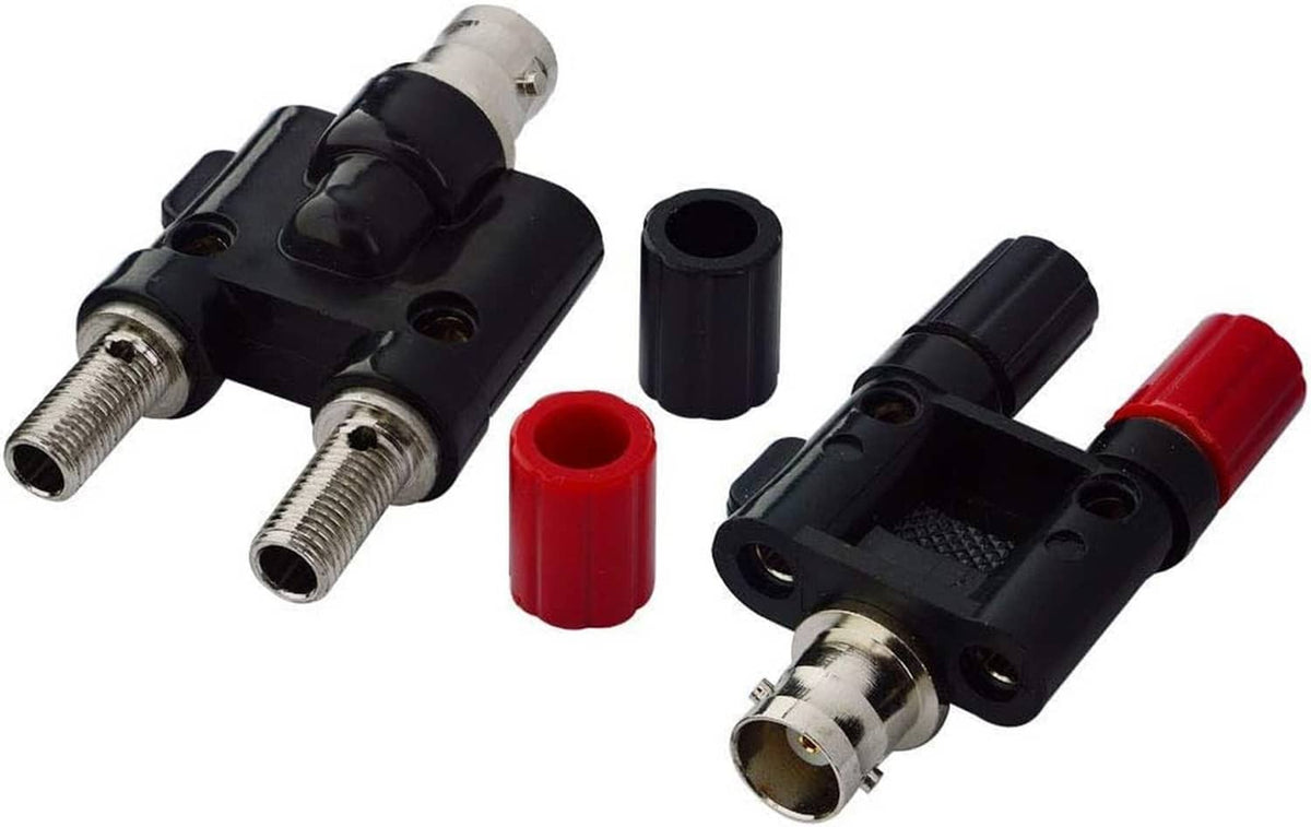 Dual BNC female to banana splitter adapter with two BNC posts and red/black insulators