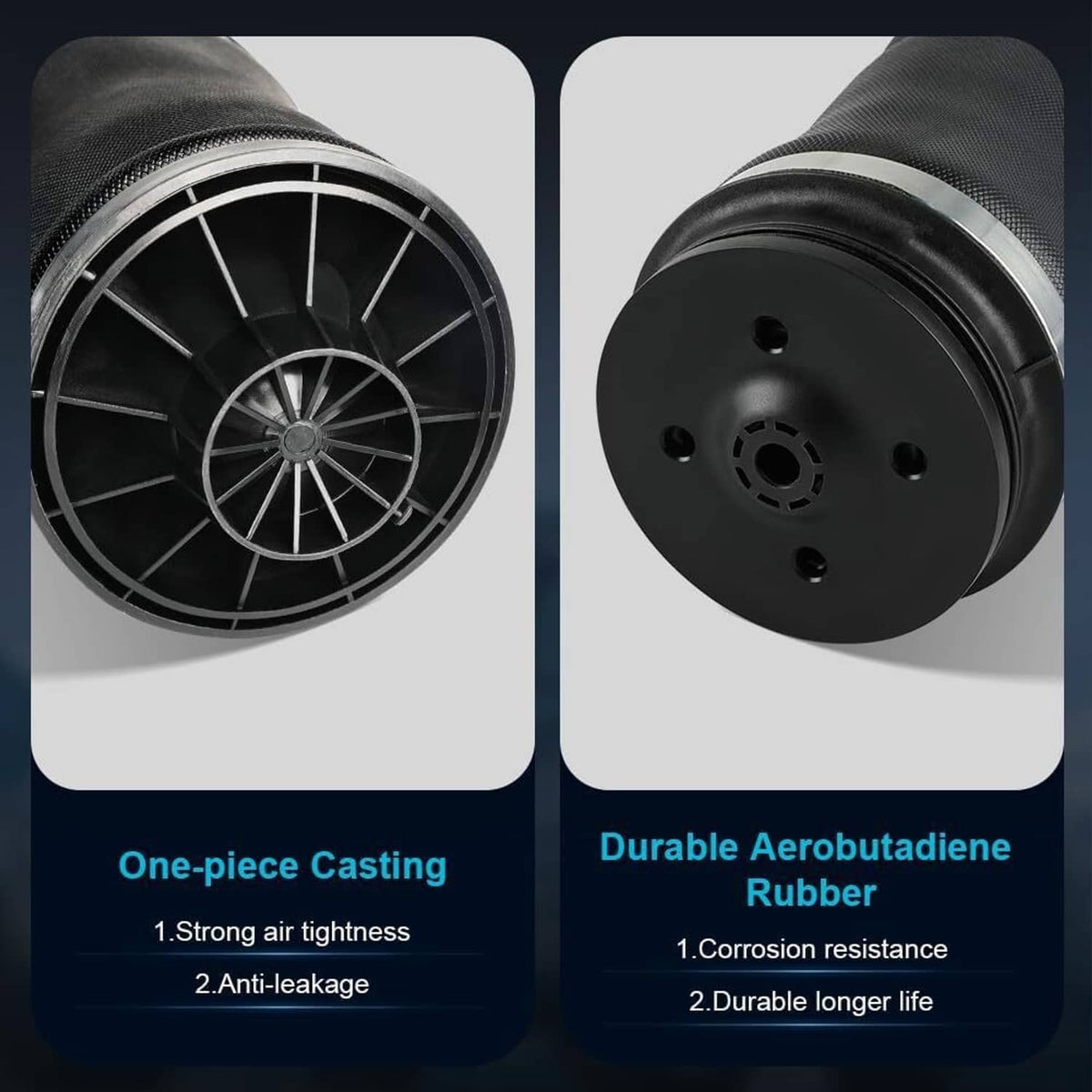 Close-up views of air suspension spring bag with metal ring and end mounting face.