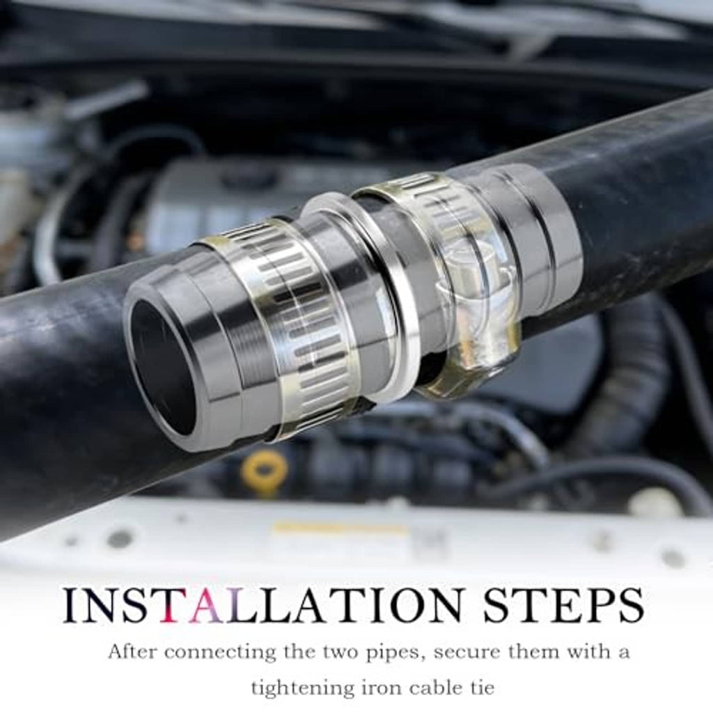Close-up aluminum radiator hose adapter with barbed ends clamped into a coolant hose