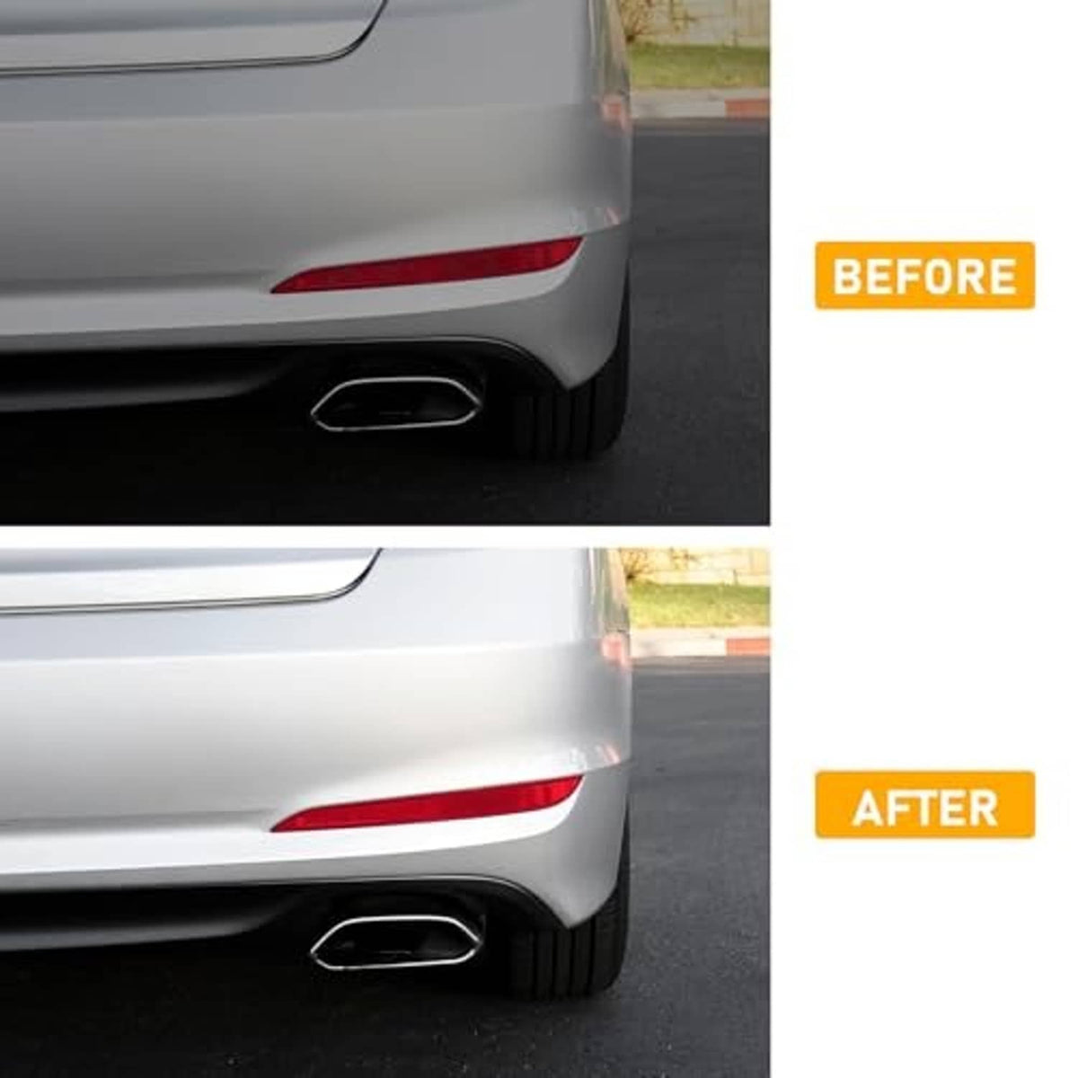 Red rear bumper reflector retrofit showing before and after on left and right