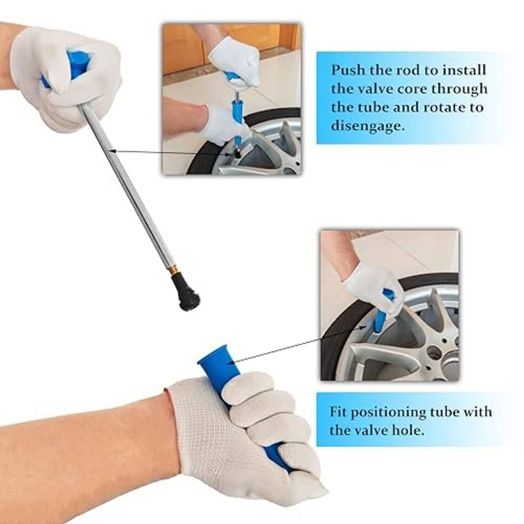 Valve core replacement tool with long metal shaft and blue positioning cap