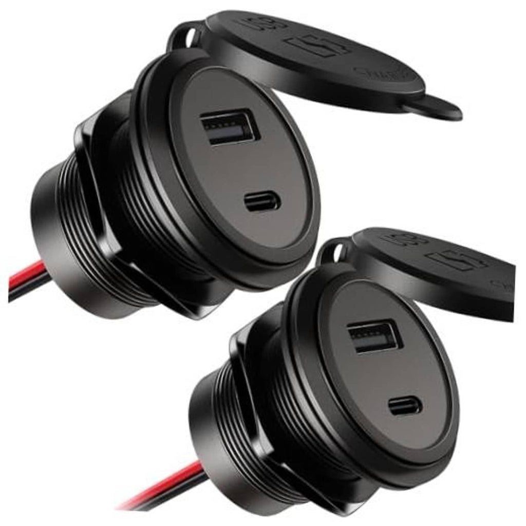 Black 2-pack dual-port car USB charger with circular plug-in outlets