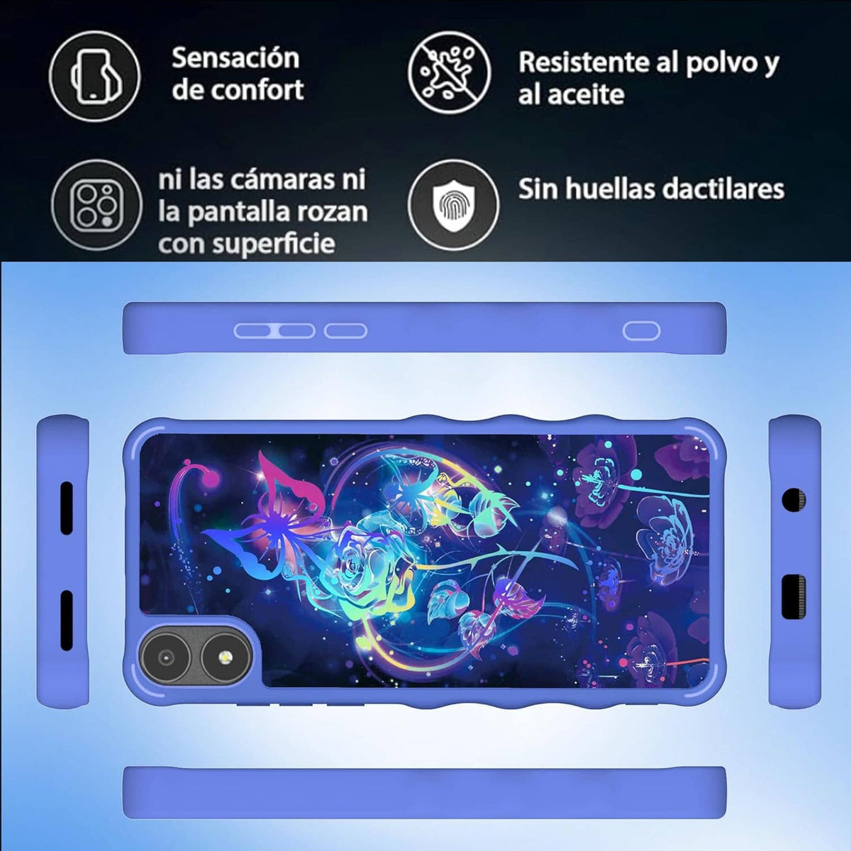 Blue phone case with neon galaxy artwork, dual camera openings, and side buttons