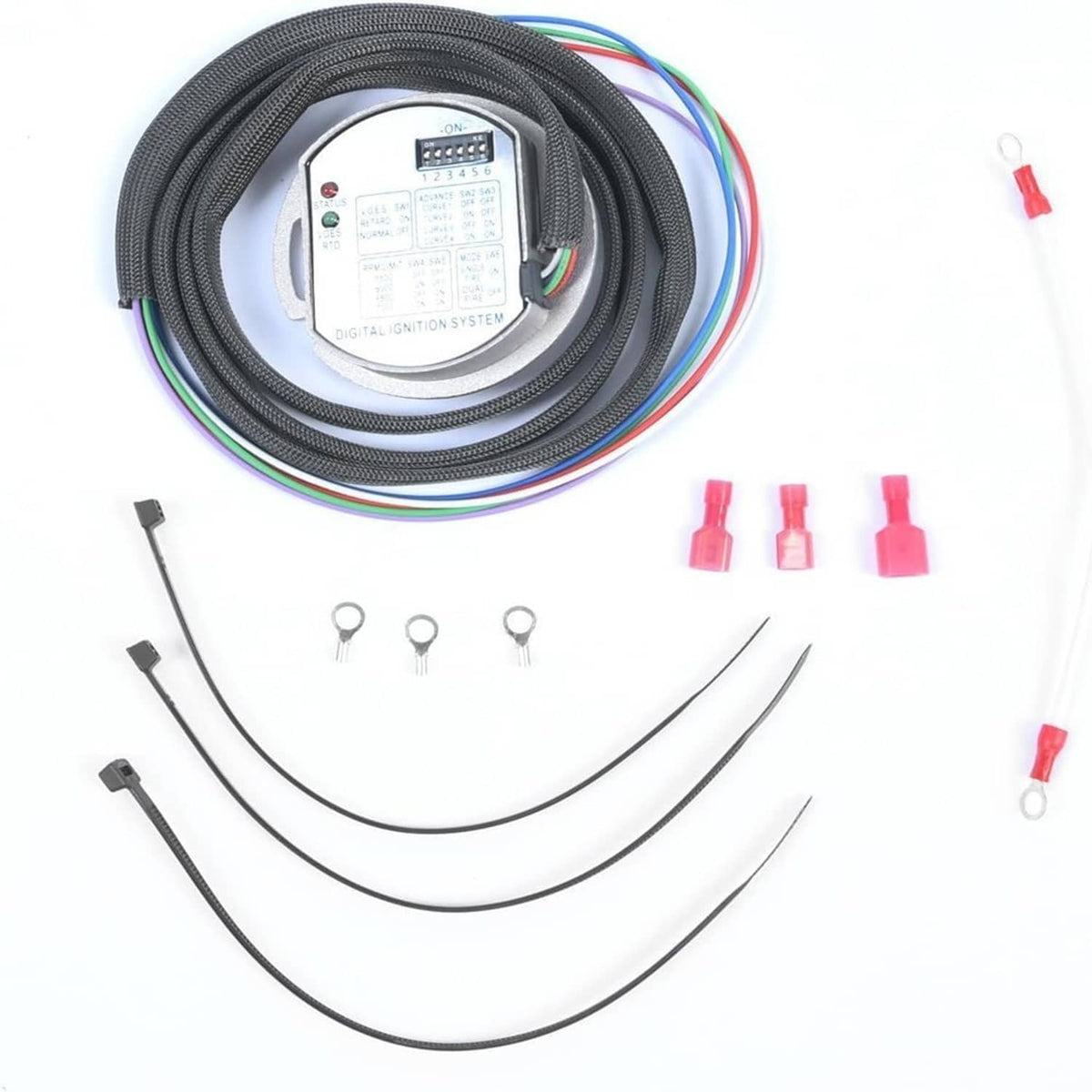 Ignition module kit with controller unit, black cables, and red connector terminals