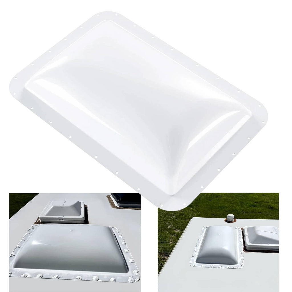 White RV skylight cover with raised rectangular dome and screw-mount holes around edges
