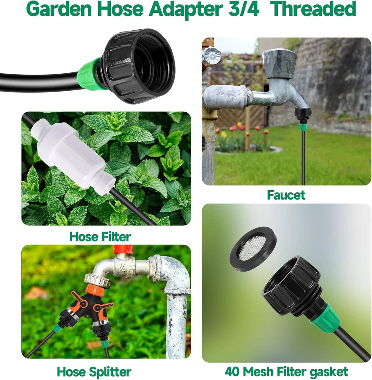 Garden hose adapter set with green filter gasket and brass misting nozzle pieces