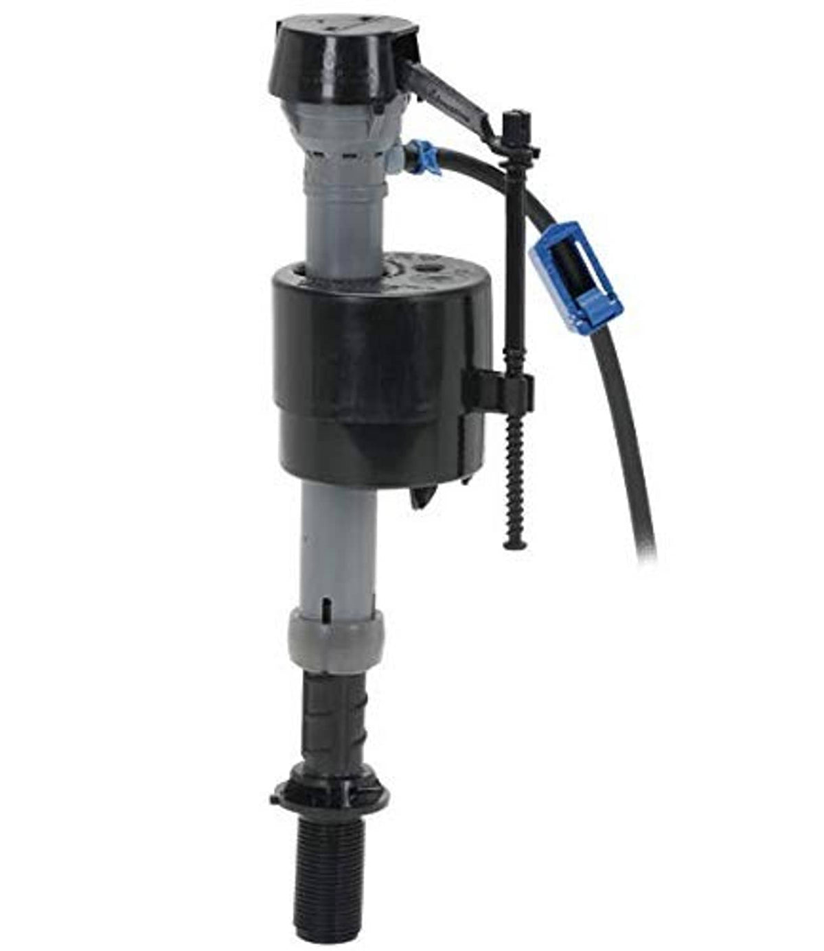 Fluidmaster universal toilet filling valve with gray housing and blue connector