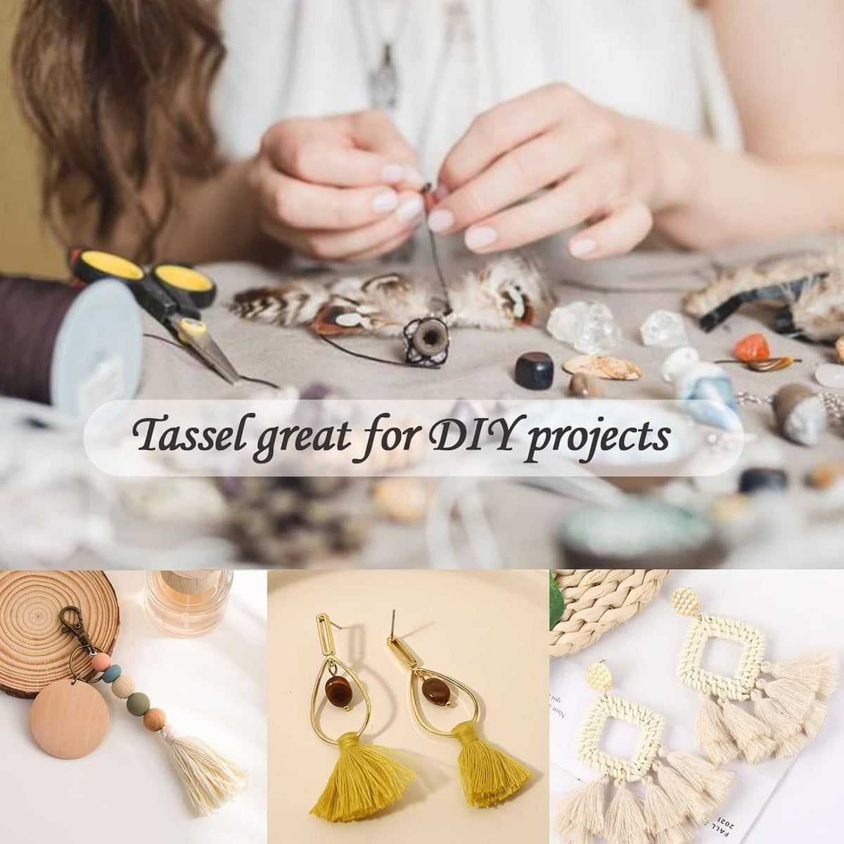 Set of gold-tone tassel earrings with small charms and yellow fringe