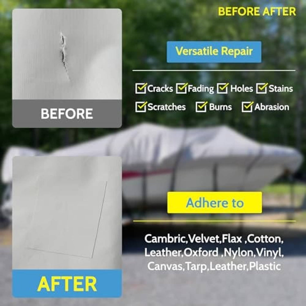 Self-adhesive repair patch shown covering a damaged tear on canvas