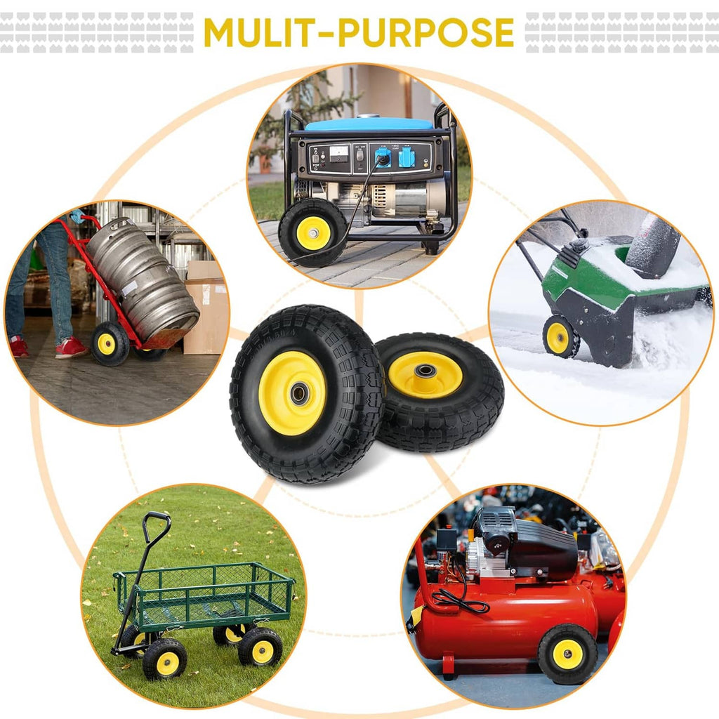 Multi-purpose solid tires with black deep-tread rubber and yellow rims