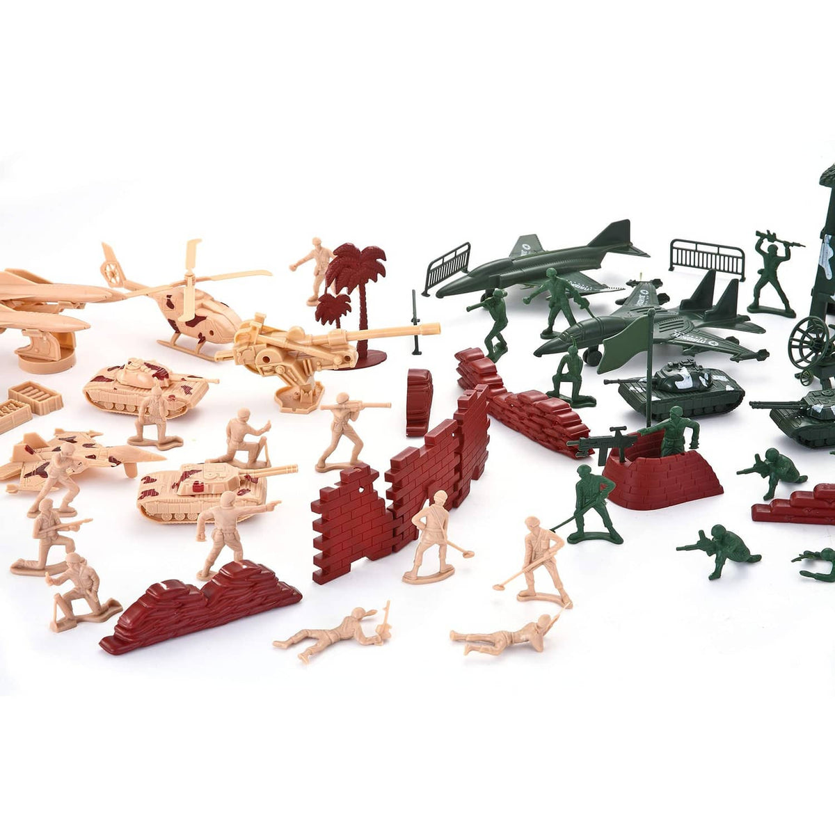 Assorted soldier figures with green tanks, red barricades, and tan helicopters and people
