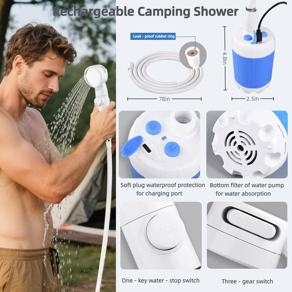 Rechargeable camping shower pump with blue tank, white spray head, and hose set