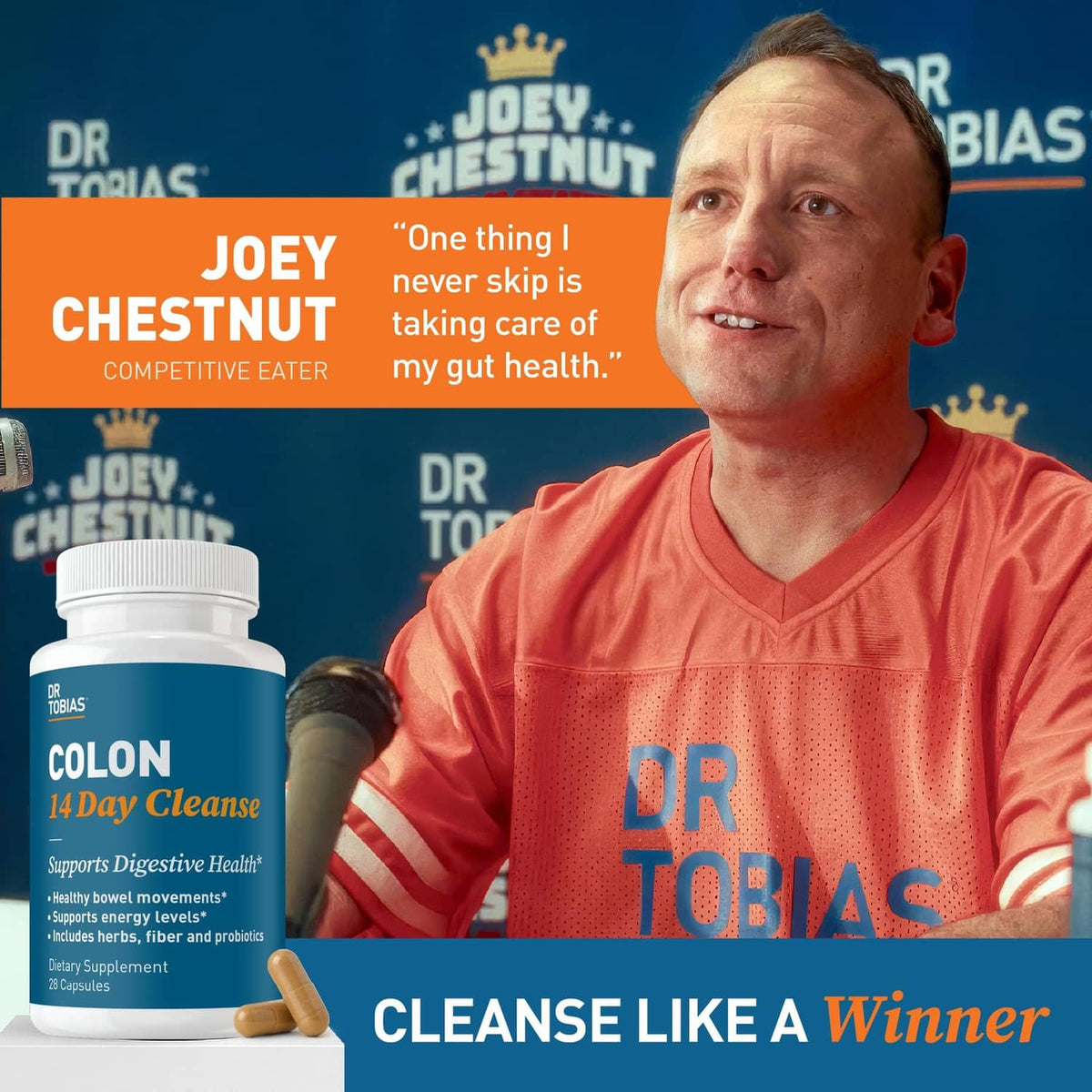 Colon 14 Day Cleanse supplement bottle with blue label, shown with model