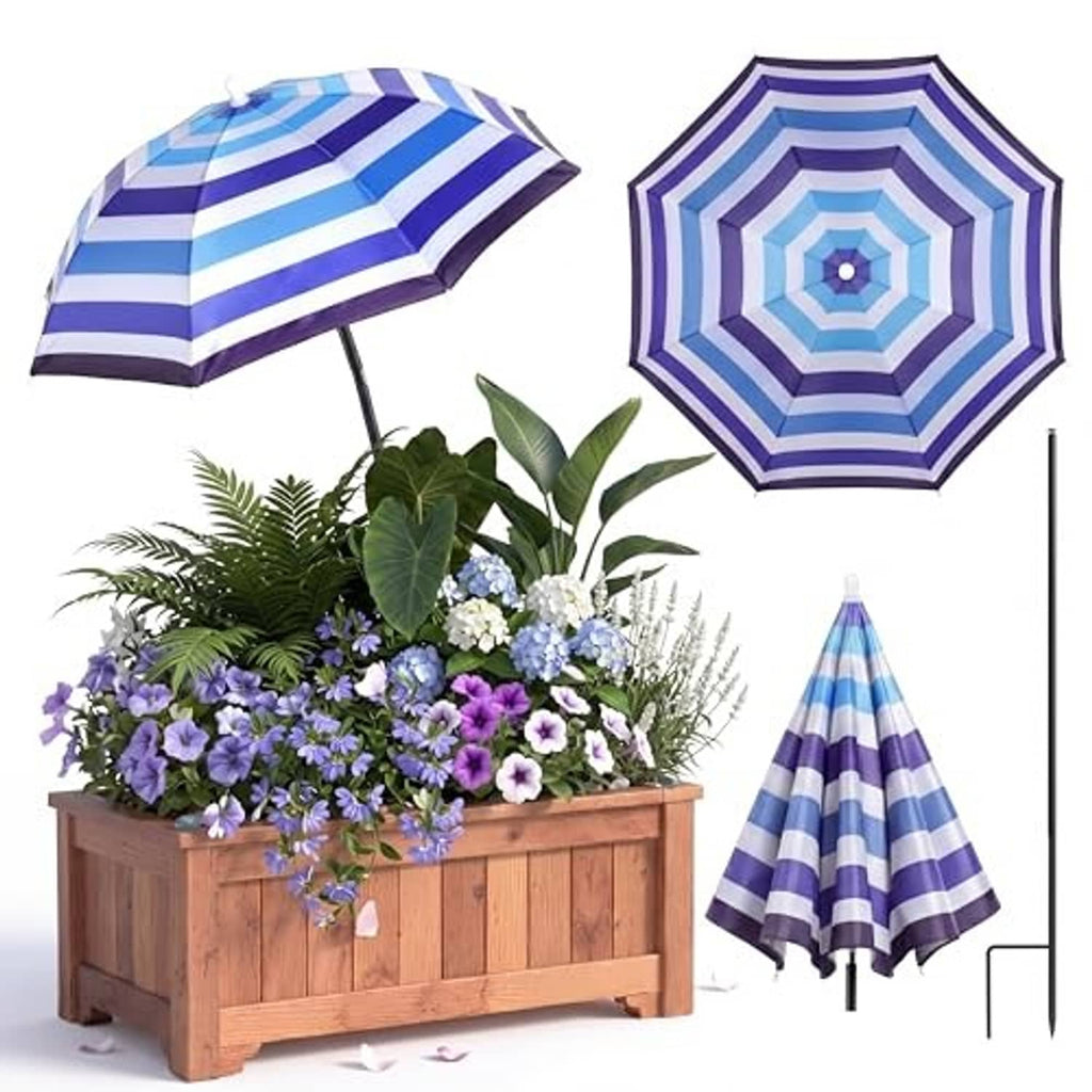 Outdoor plant umbrella set with blue and white striped canopies over a flower planter