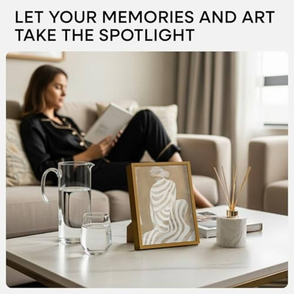 Bronze photo frame on table, standing with clear glass and visible backboard