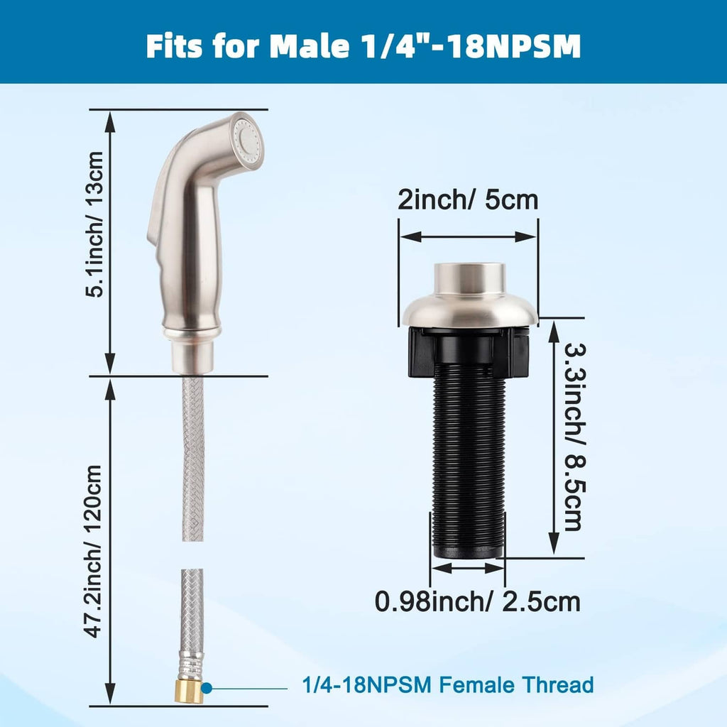 Brushed nickel pull-down sprayer head with hose and connection dimensions
