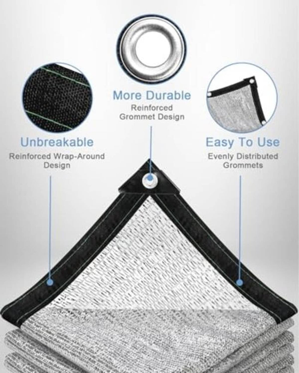Reflective shade cloth with black trim, silver mesh panels and metal grommets detail