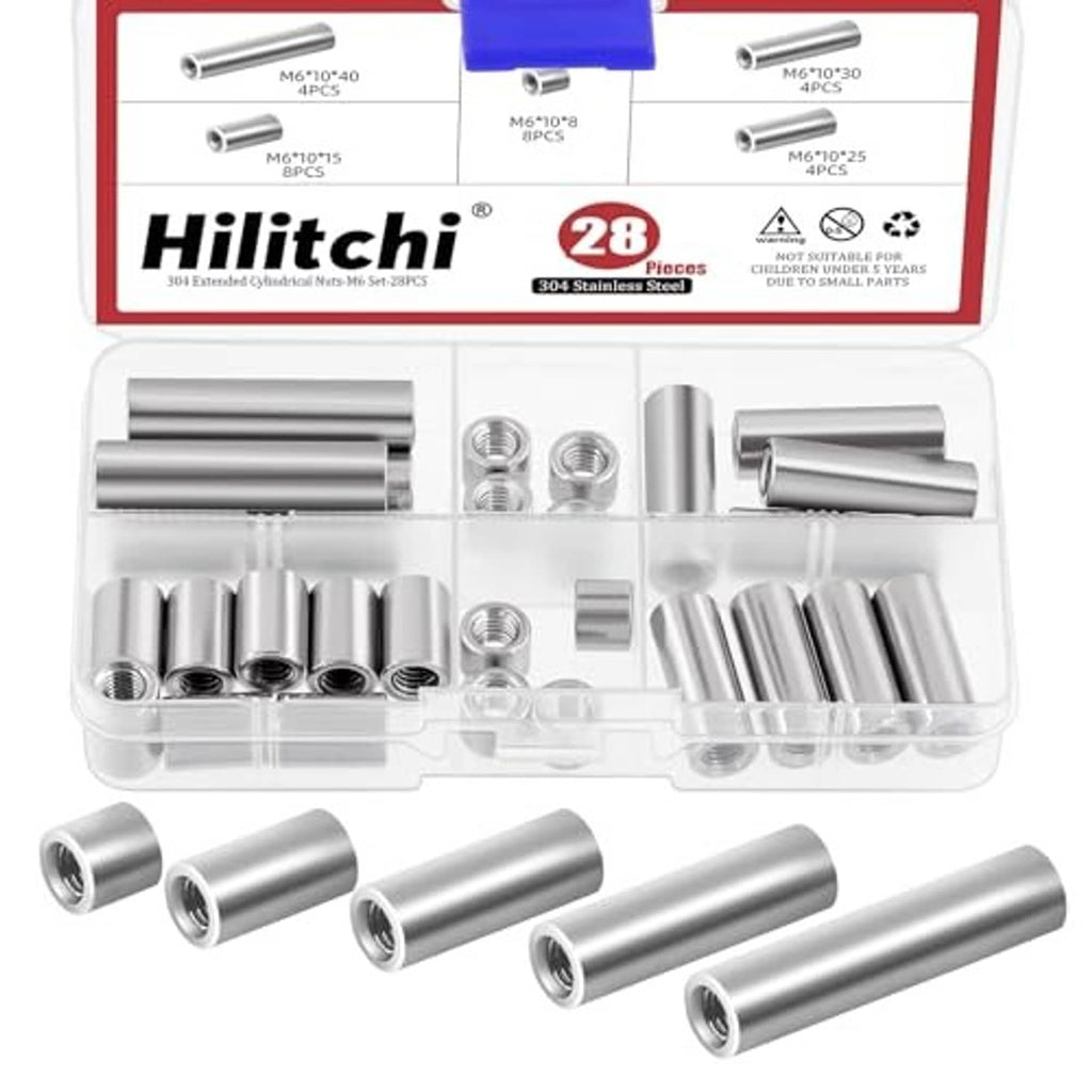 28 pcs round connector nuts kit, mixed sizes of stainless cylindrical threaded inserts
