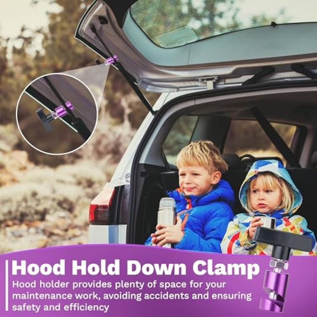 Purple hood hold-down clamp with black T-handle and threaded bolt.