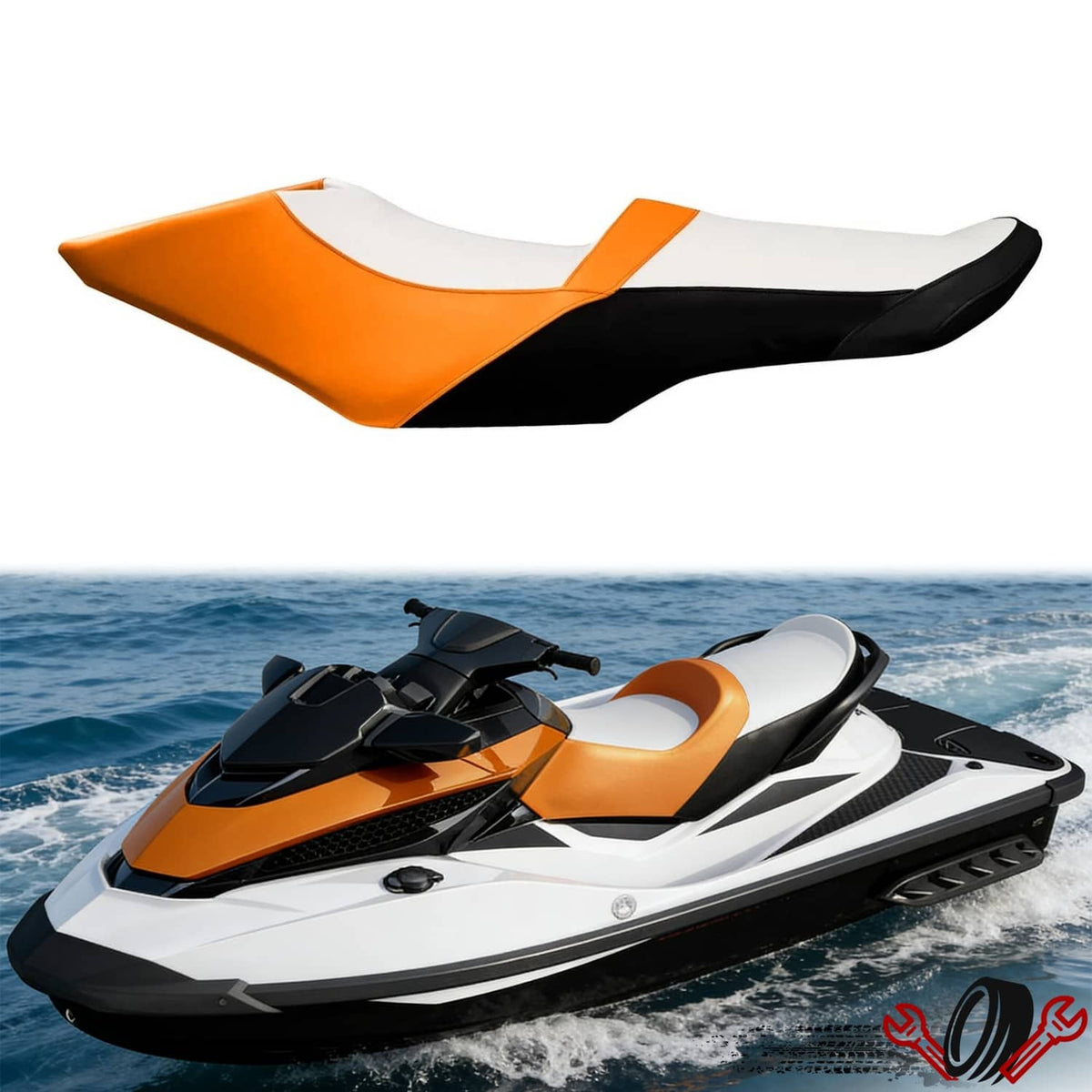 Jet ski seat cover on watercraft, orange and black with white center section