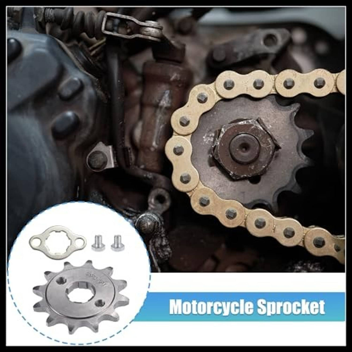 Steel motorcycle sprocket and chain drive sprocket in engine area