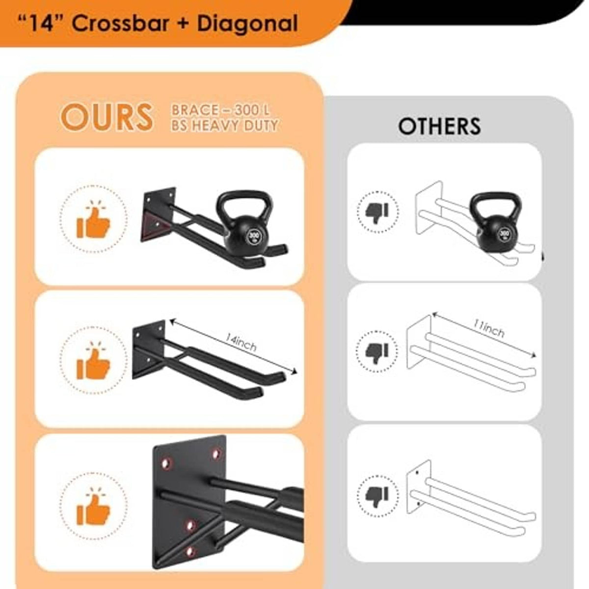 Black heavy-duty crossbar and diagonal garage hooks with rubber-coated handles
