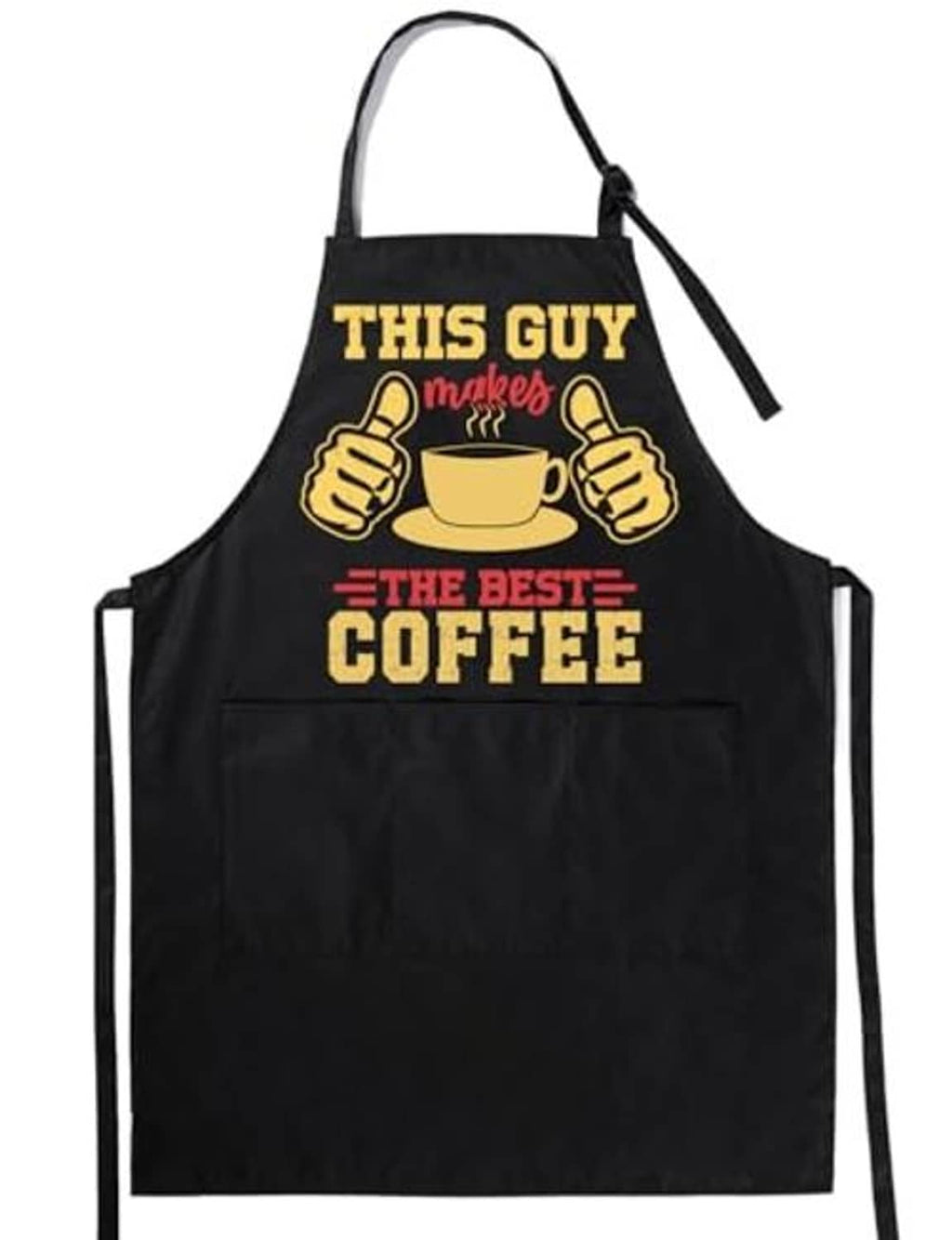 Black coffee apron with “THIS GUY makes the best coffee” print and adjustable neck strap