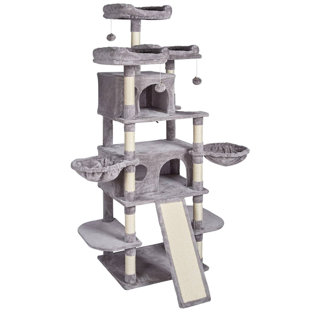 Gray cat tree with multiple condos, beige scratching posts, and rounded platforms, top perch