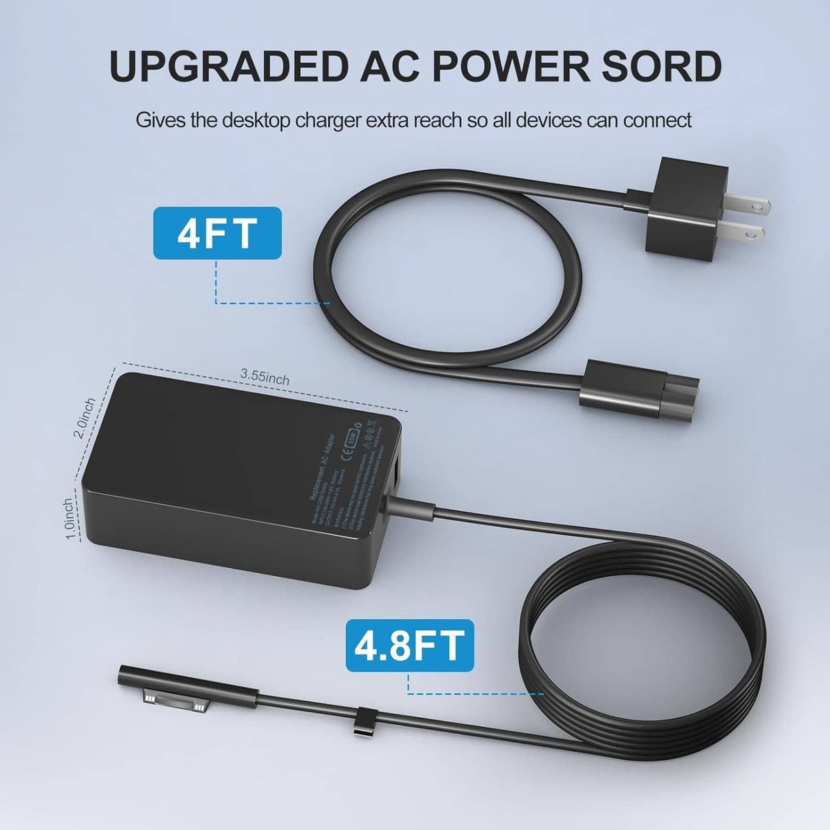 Black AC power charger with long reach cable and coiled charging cord