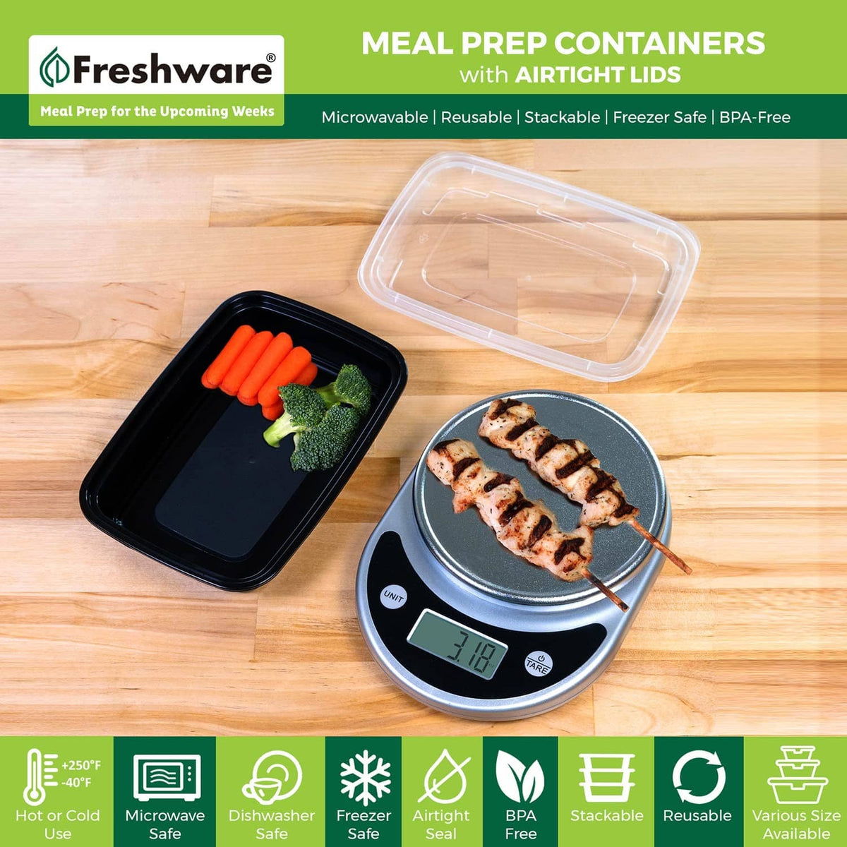 Black meal prep container with airtight lid on wooden table, with carrots and broccoli
