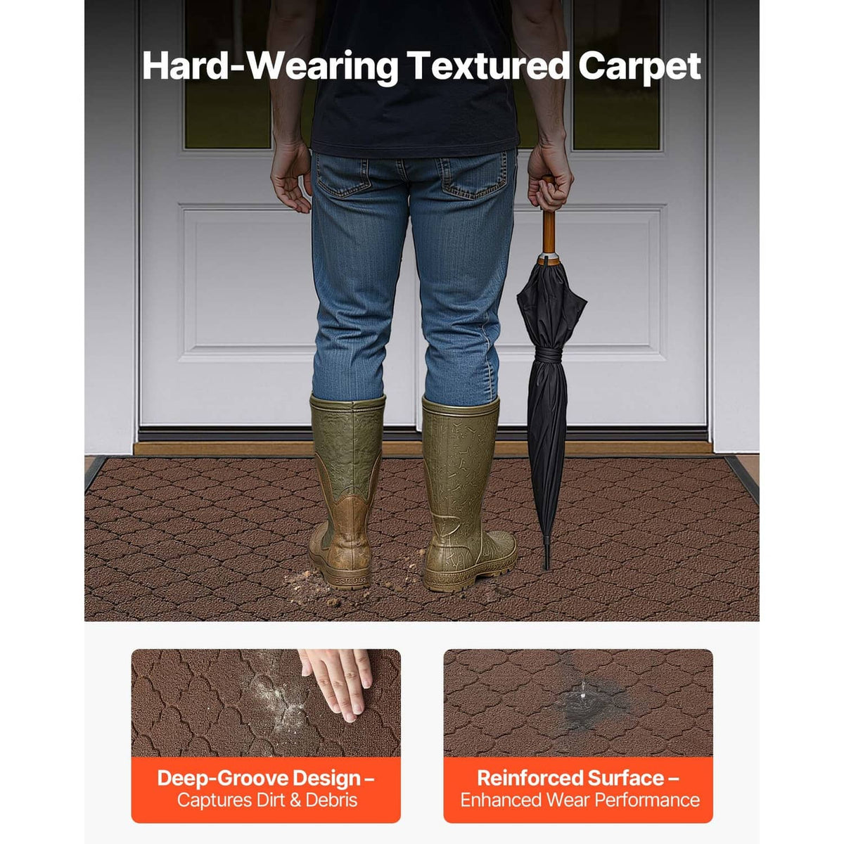 Brown textured front door mat with hexagon pattern under boots