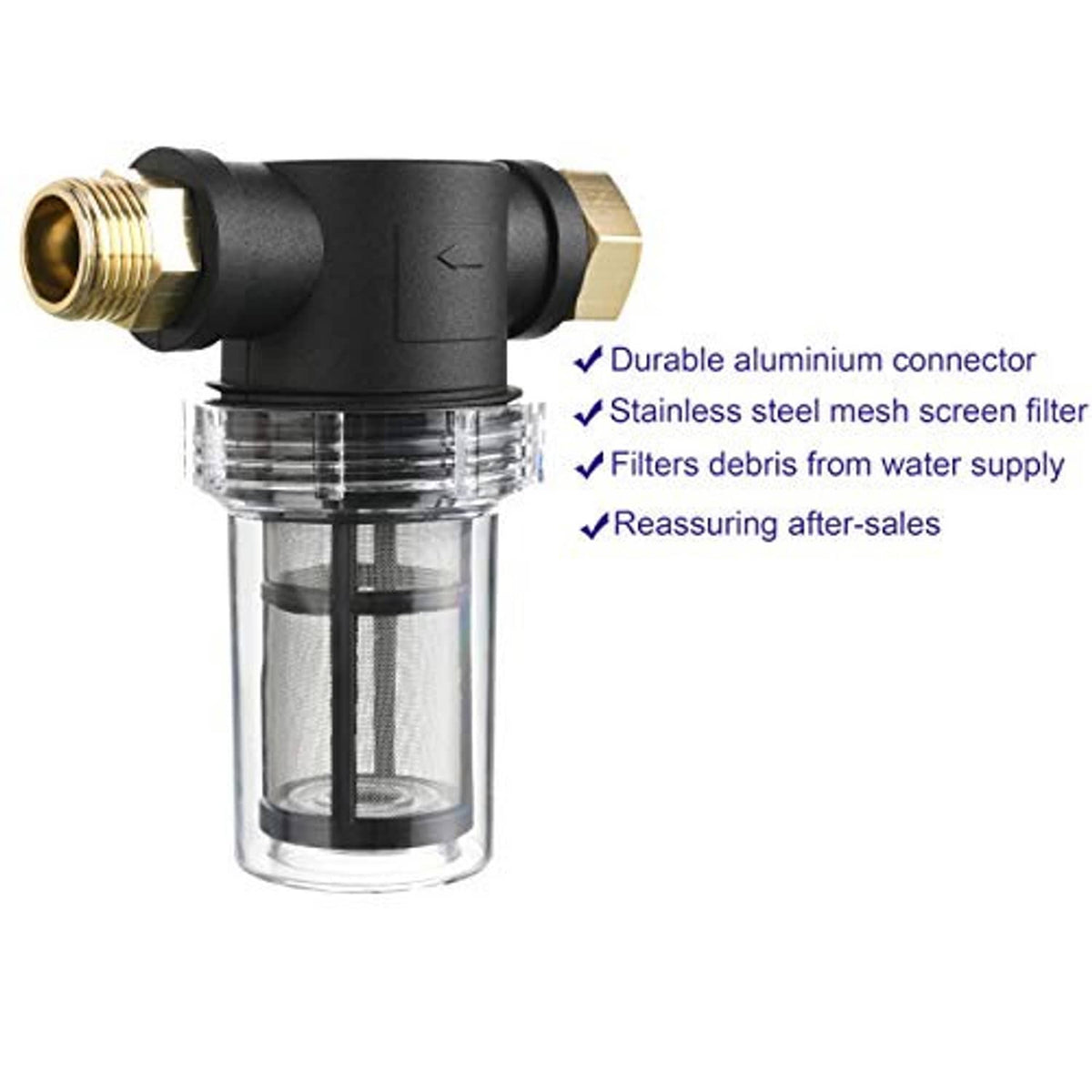 Black inline water filter with clear stainless-steel mesh screen and brass inlet/outlet
