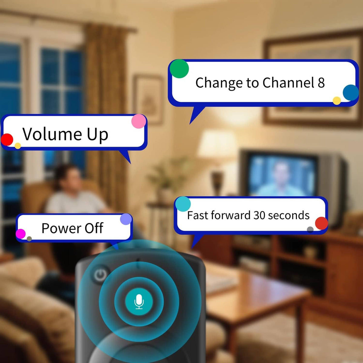 Black TV remote with microphone button and channel/volume control callouts