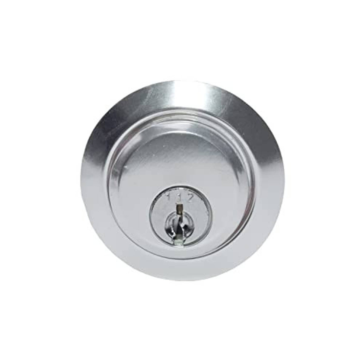 Chrome lock cylinder front with key slot and cross-shaped key