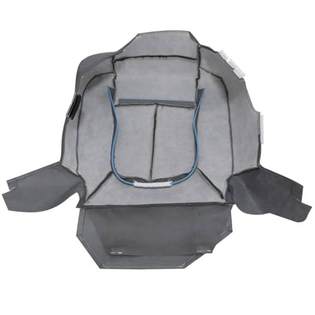 Gray cloth front driver seat cover underside with blue-trim fabric channels