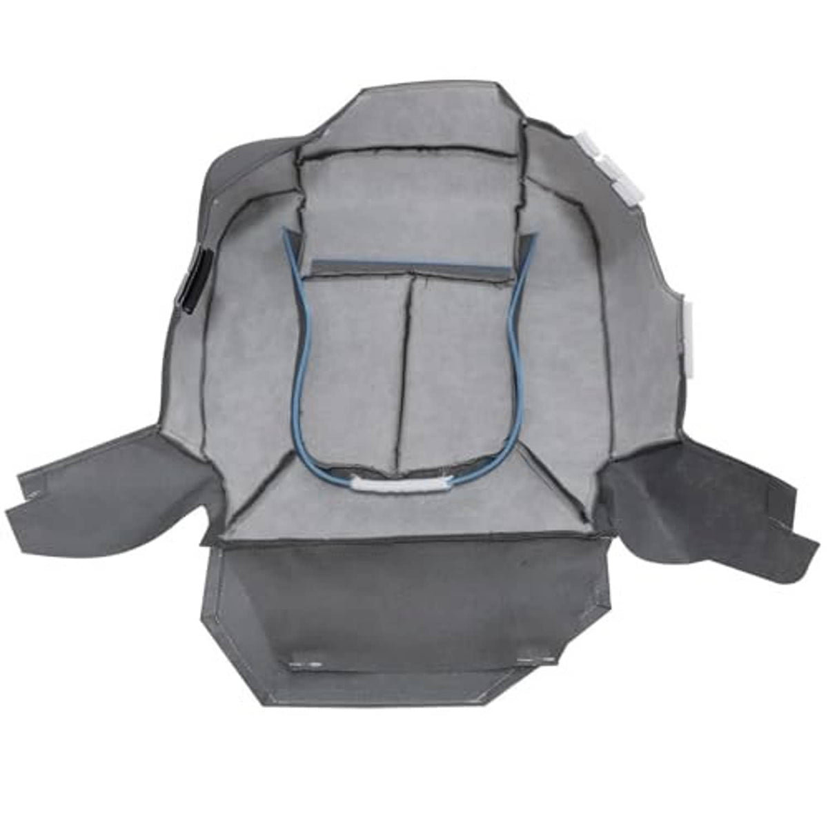 Gray cloth front driver seat cover underside with blue-trim fabric channels