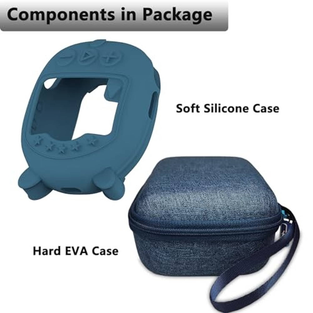 Blue soft silicone speaker case and blue hard EVA carrying case with wrist strap