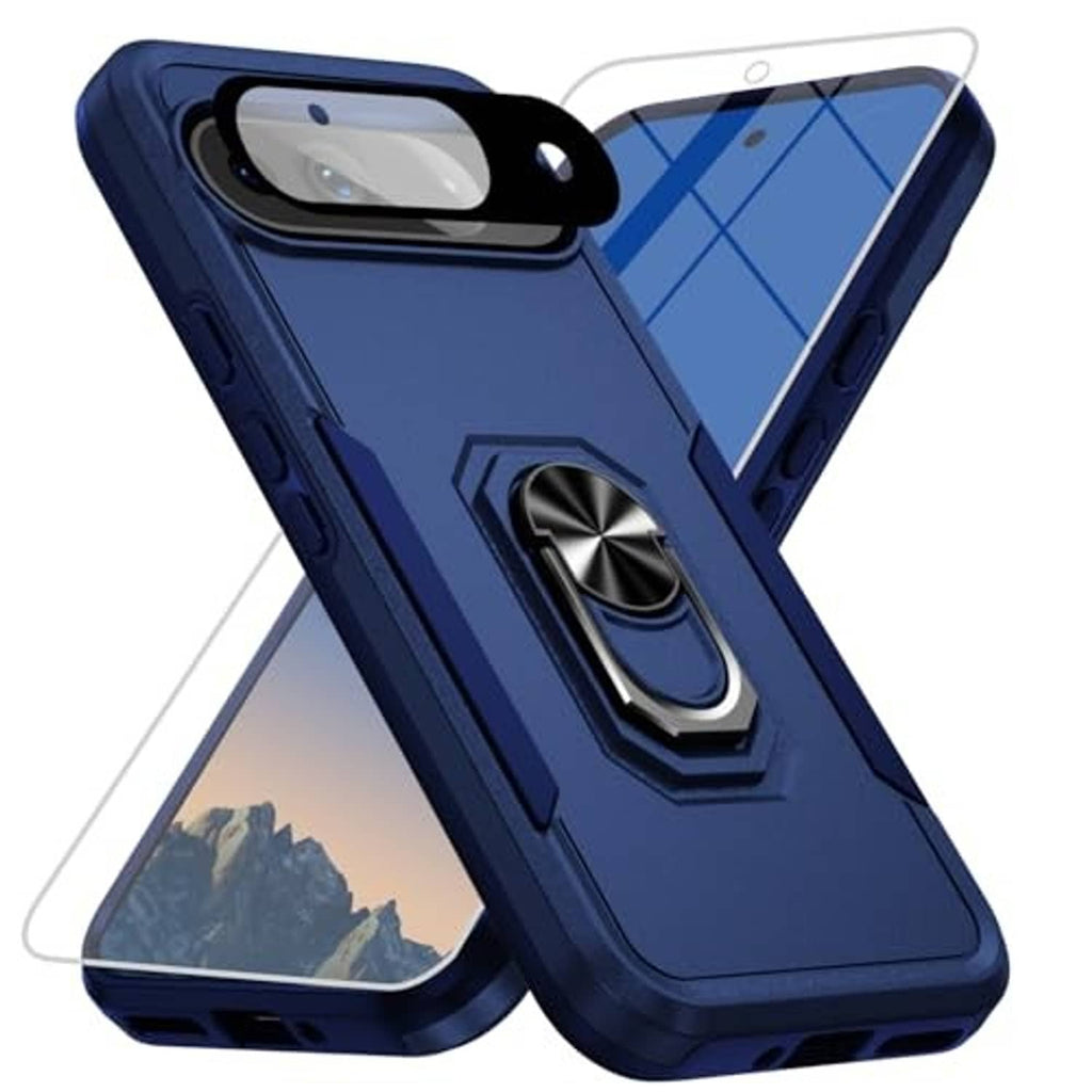 Dark blue rugged phone case with ring kickstand, side buttons, and camera opening