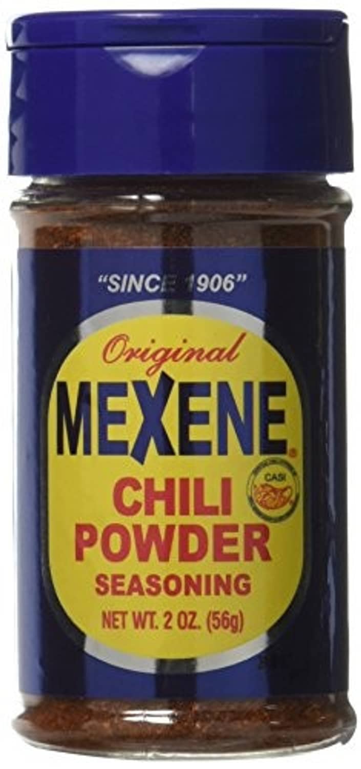 Mexene original chili powder seasoning jar, blue lid and label