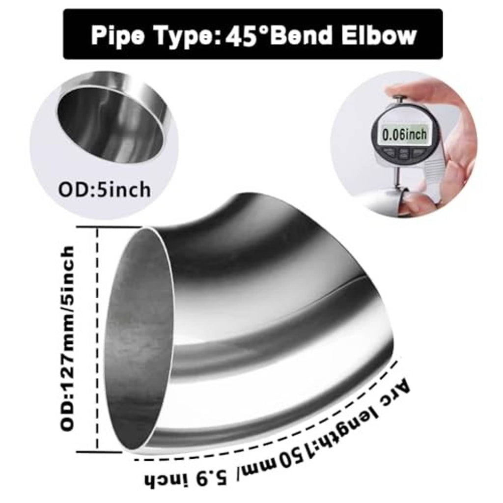5-inch OD 45° stainless steel bend elbow with flared ends, mirror-like finish