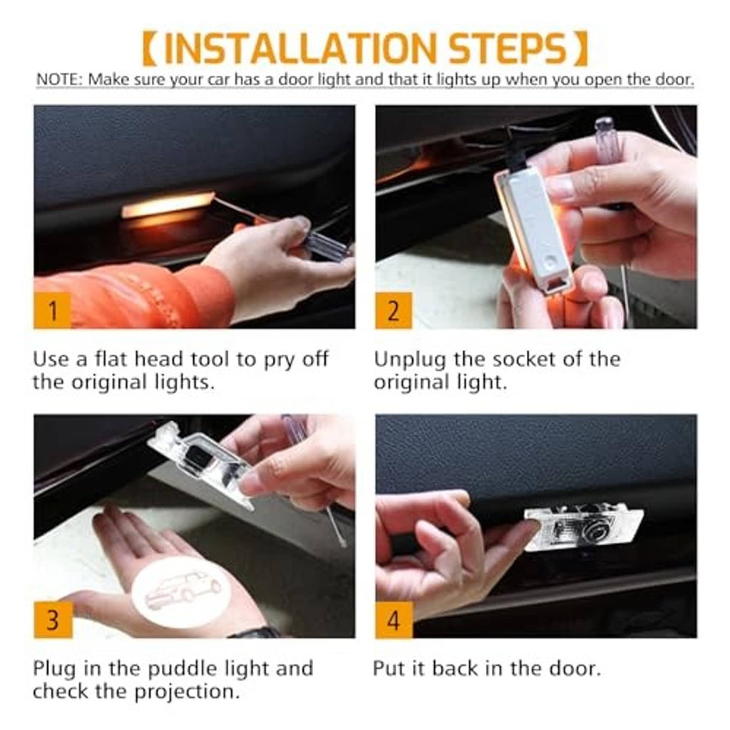 Car door projector light installation showing module placement and plug-in socket
