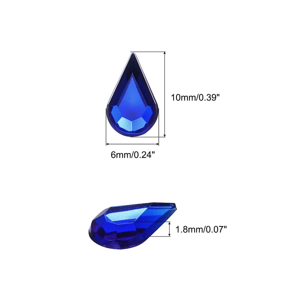 Deep blue acrylic teardrop gem with flat back, size shown at 6x10mm