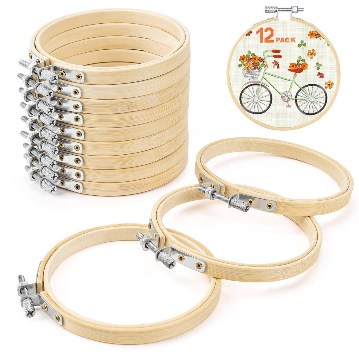 Nature bamboo embroidery hoops, 4 inch, 12-pack with metal screw clamps