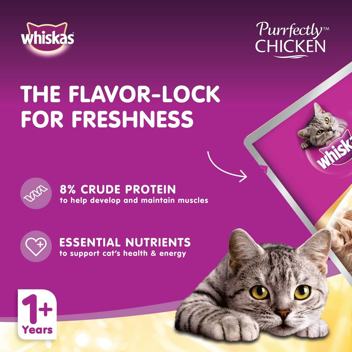 Whiskas Purrefectly Chicken cat food pouch for freshness, 8% crude protein, 85g