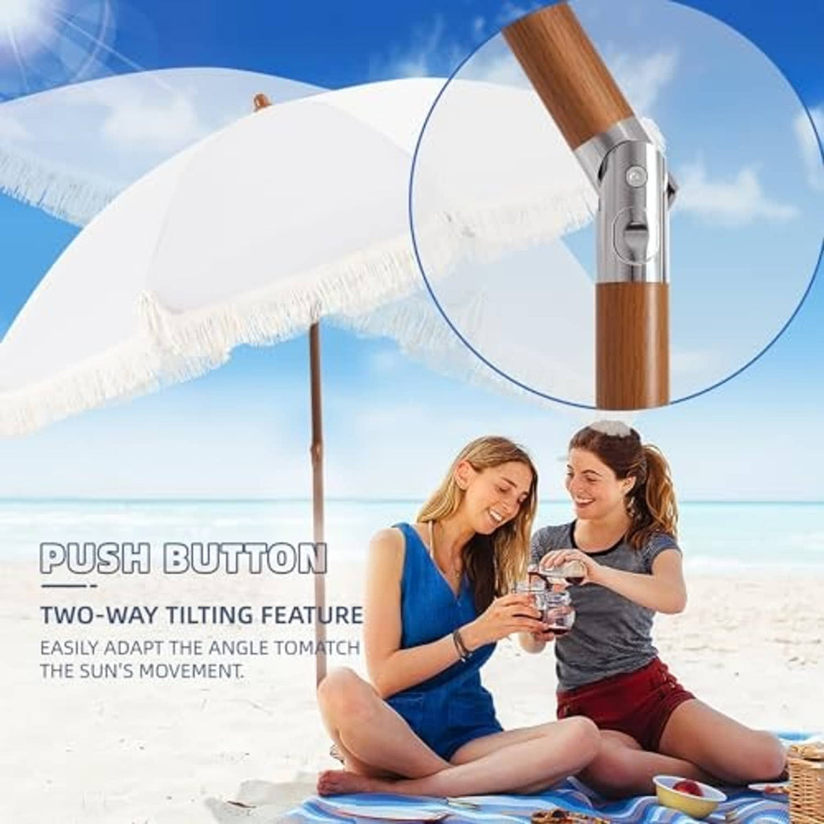 Cream patio umbrella with fringe and push-button two-way tilting feature