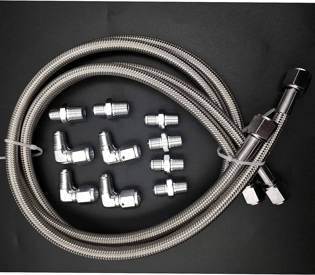 Braided hose lines kit with assorted AN fittings and flare ends, silver