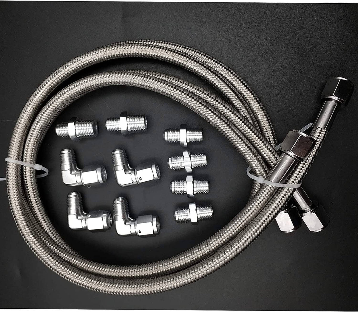 Braided hose lines kit with assorted AN fittings and flare ends, silver