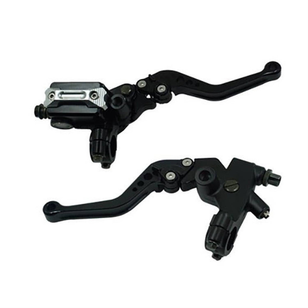 Black motorcycle brake and clutch lever set with long slim brake and clutch levers