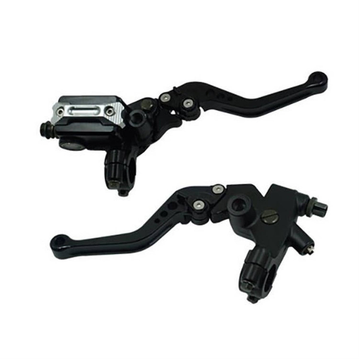 Black motorcycle brake and clutch lever set with long slim brake and clutch levers