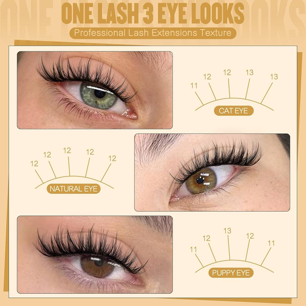 Wispy black lash clusters chart showing natural, cat eye, and puppy eye styles